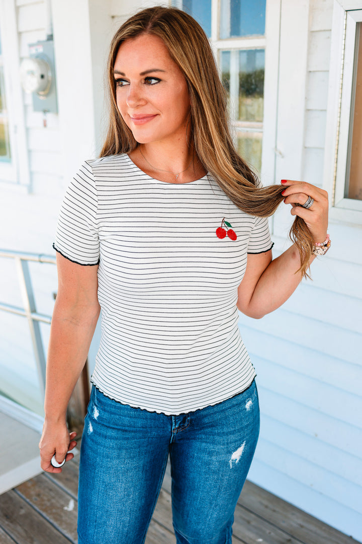 Addie Beaded Cherry Ribbed Tee