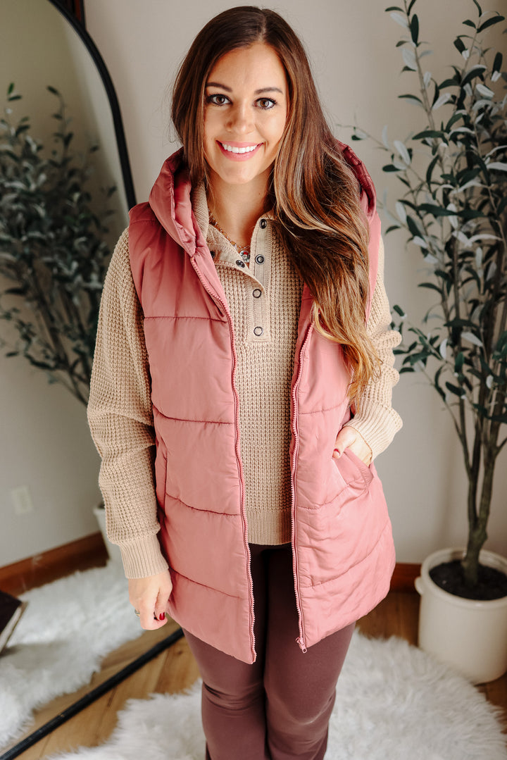 Noah Hooded Duster Puffer Vest - Marsala
