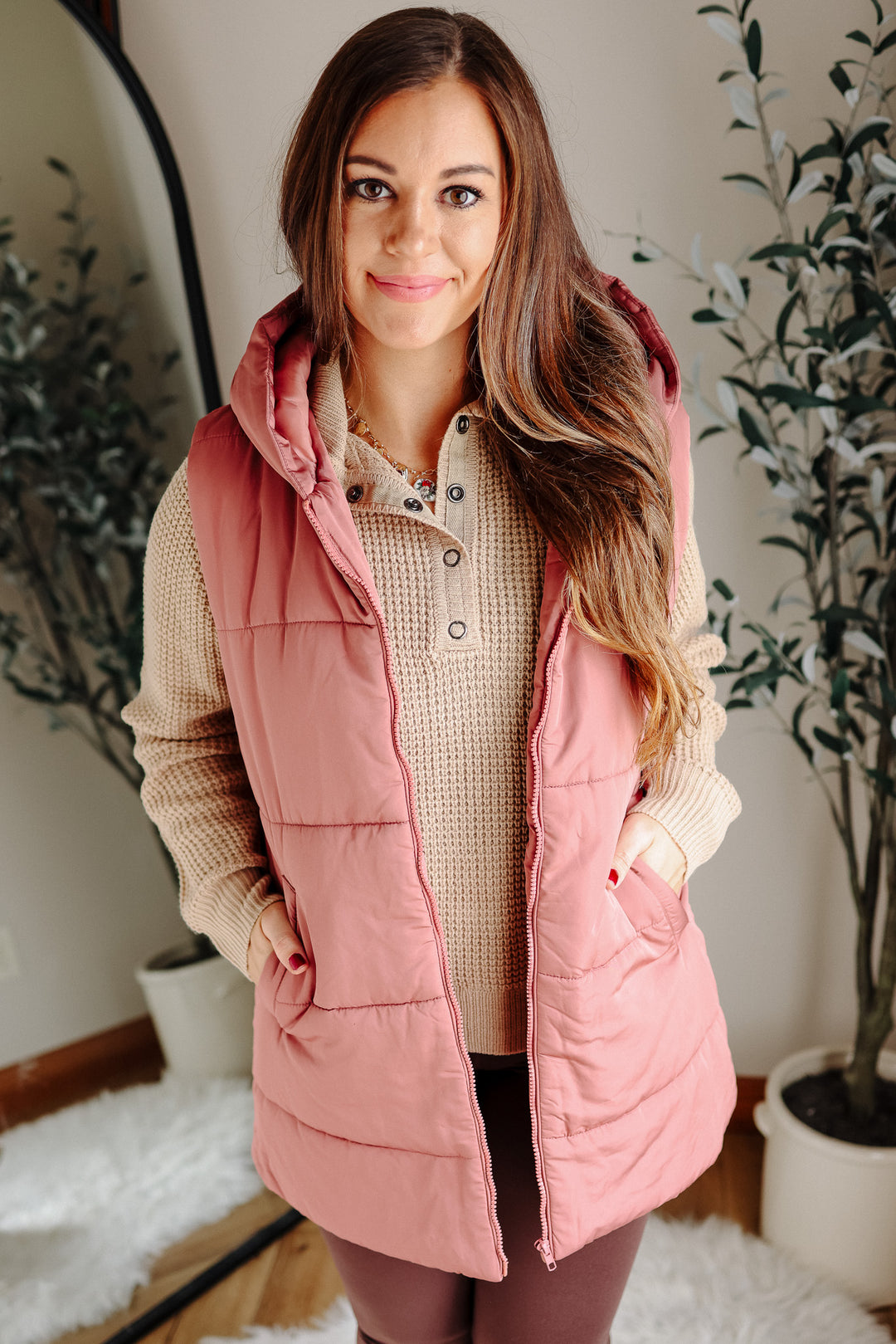 Noah Hooded Duster Puffer Vest - Marsala