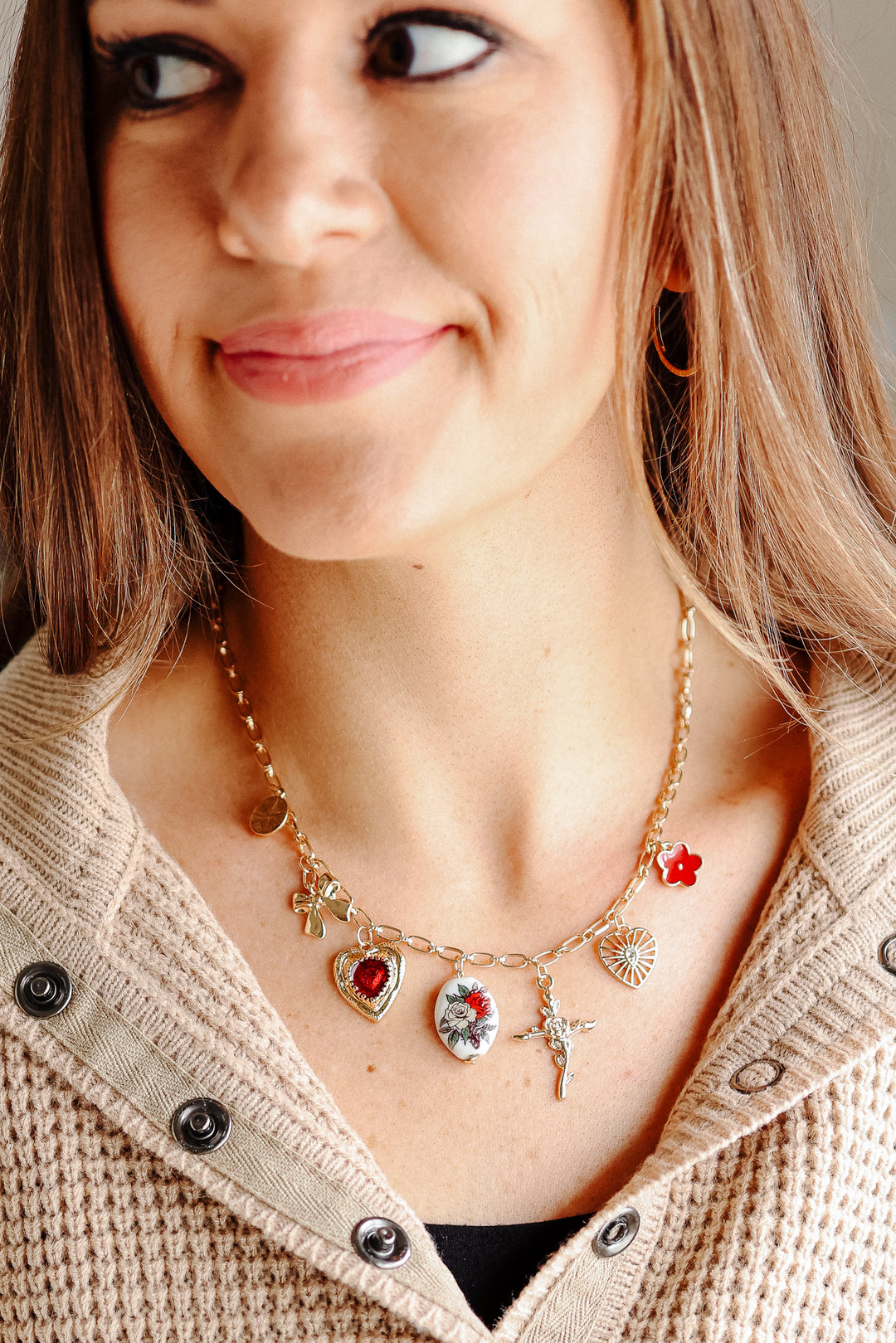 Heart Porcelain Flower Bow Cross Charm Necklace