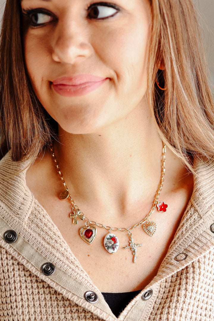 Heart Porcelain Flower Bow Cross Charm Necklace