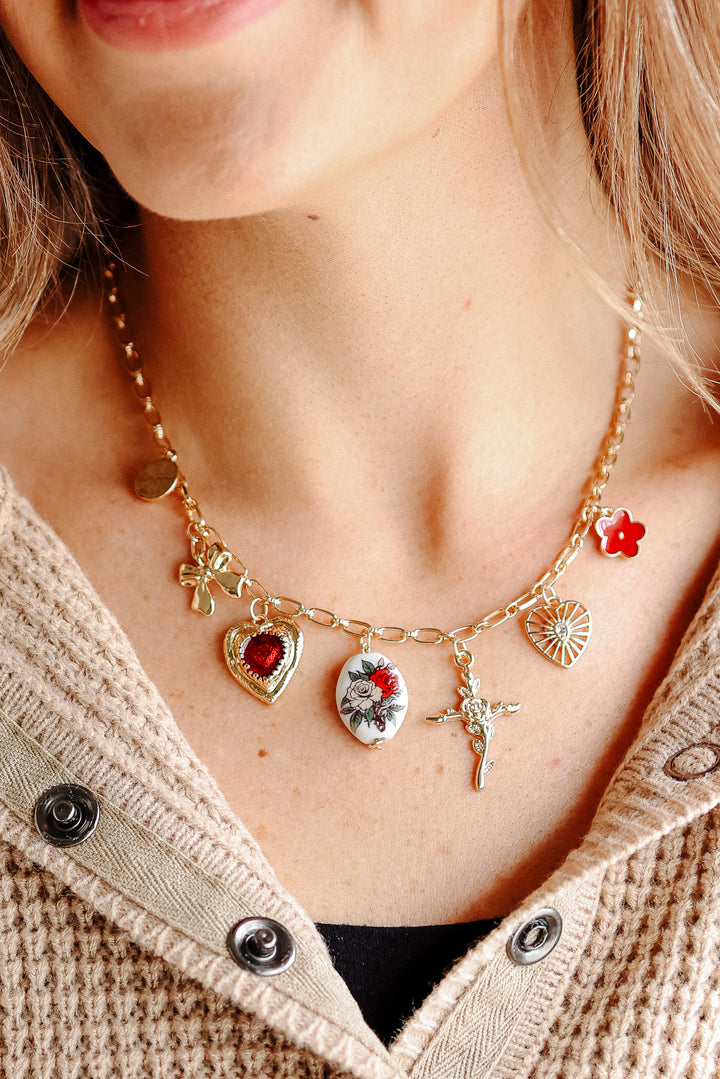 Heart Porcelain Flower Bow Cross Charm Necklace