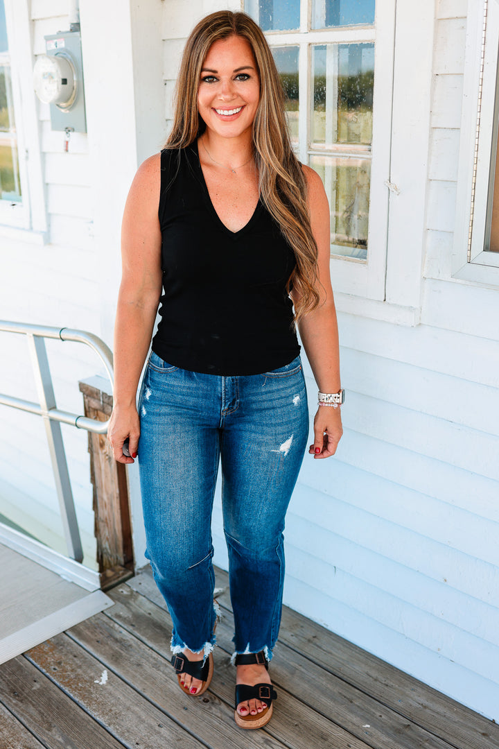 Gianna Ribbed V-Neck Tank Top - Black