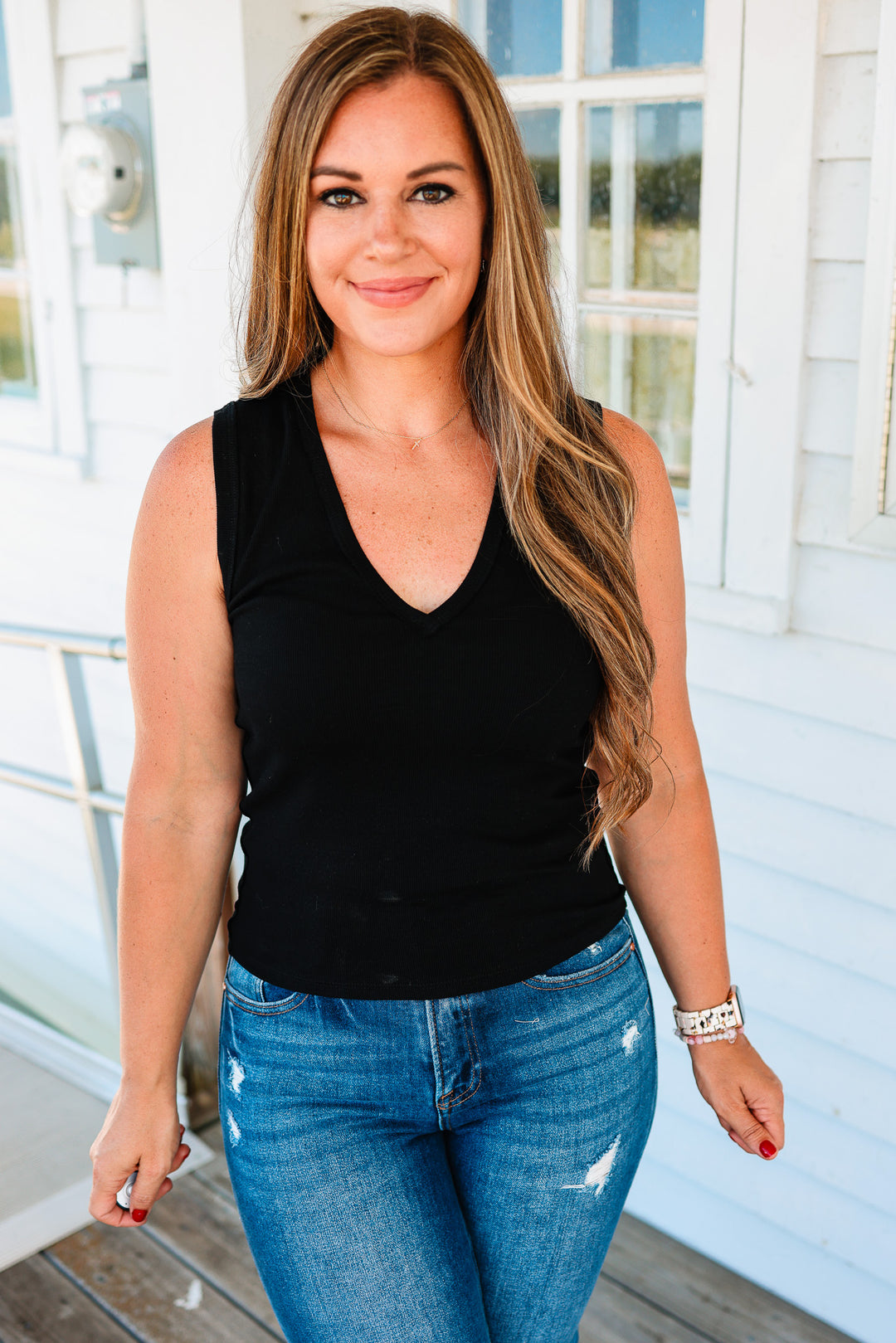 Gianna Ribbed V-Neck Tank Top - Black