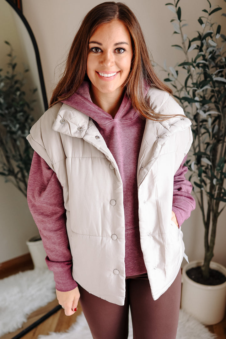 Sammi Snap Button Puffer Vest - Cement