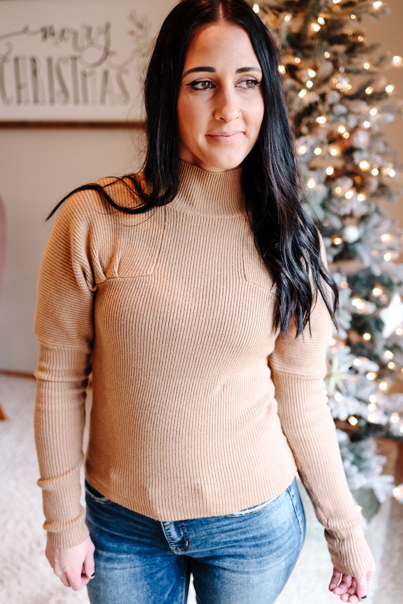 Ana Mock Neck Ribbed Sweater - Taupe