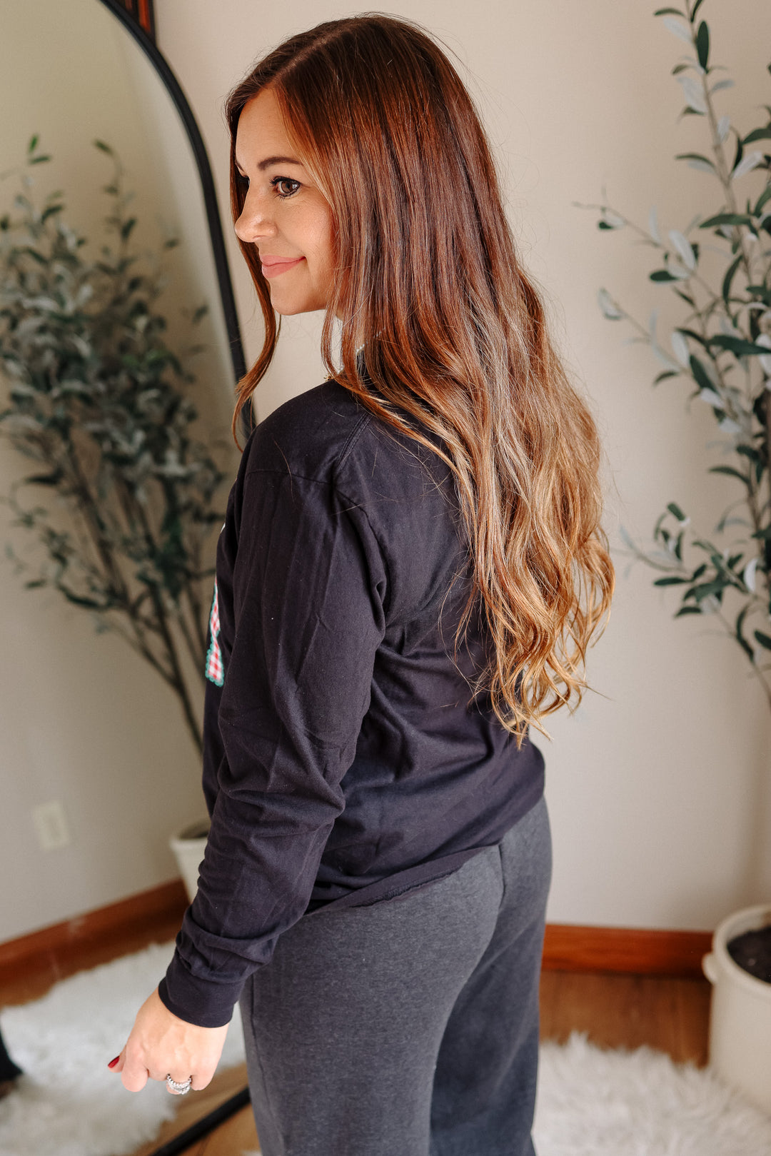 Pastel Pink Holly Jolly Graphic Long Sleeve - Black & White