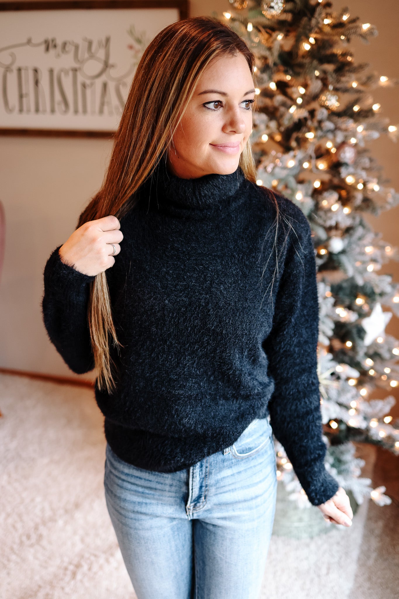 Ella Fuzzy Turtleneck Knit Sweater - Black