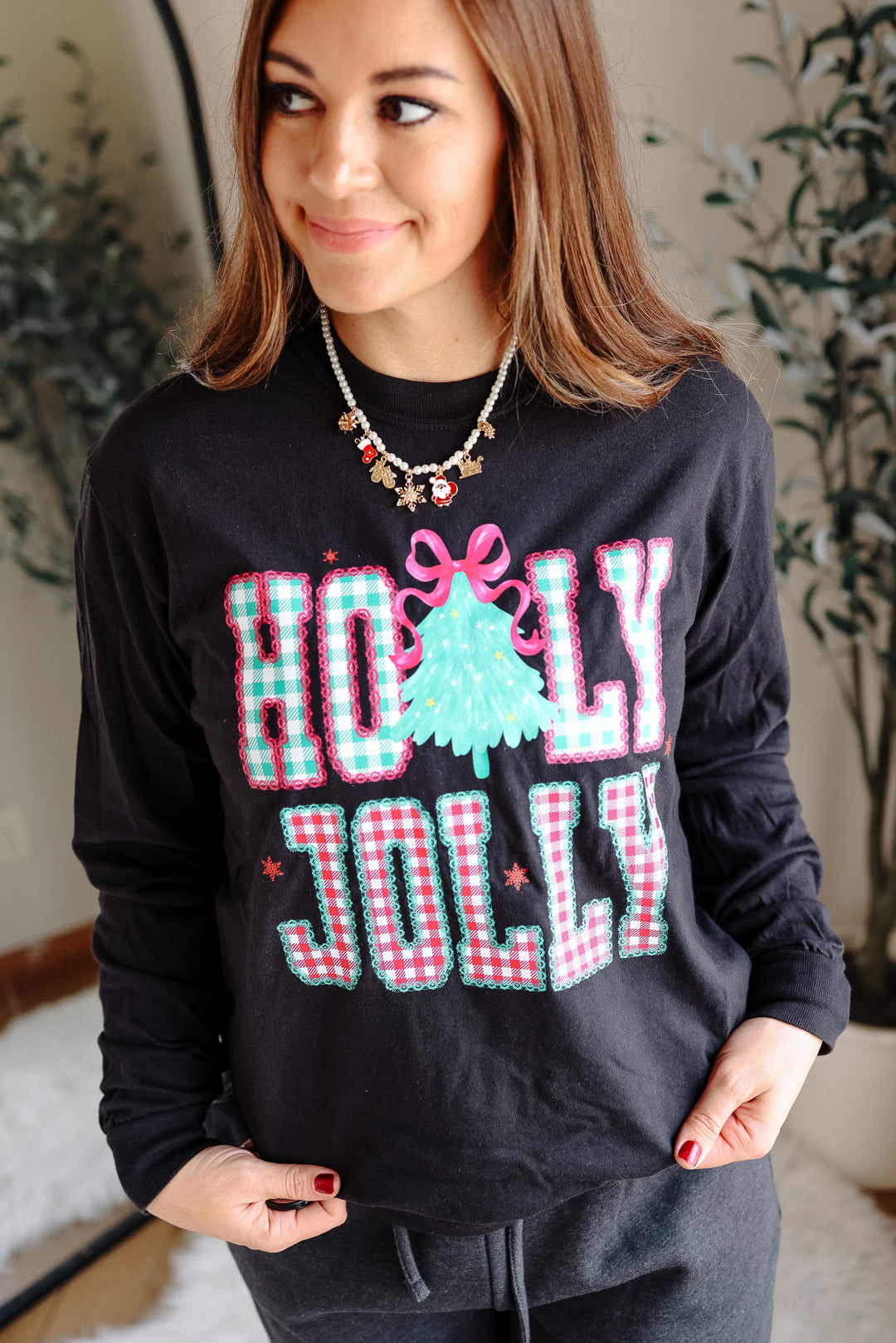 Pastel Pink Holly Jolly Graphic Long Sleeve - Black & White