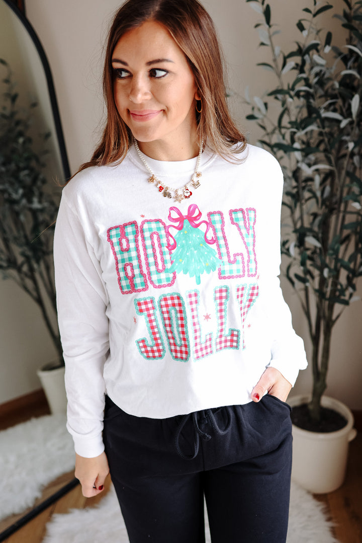 Pastel Pink Holly Jolly Graphic Long Sleeve - Black & White
