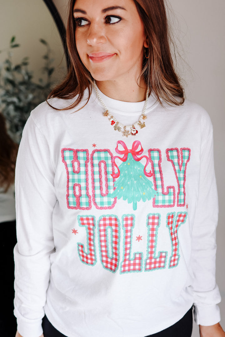 Pastel Pink Holly Jolly Graphic Long Sleeve - Black & White