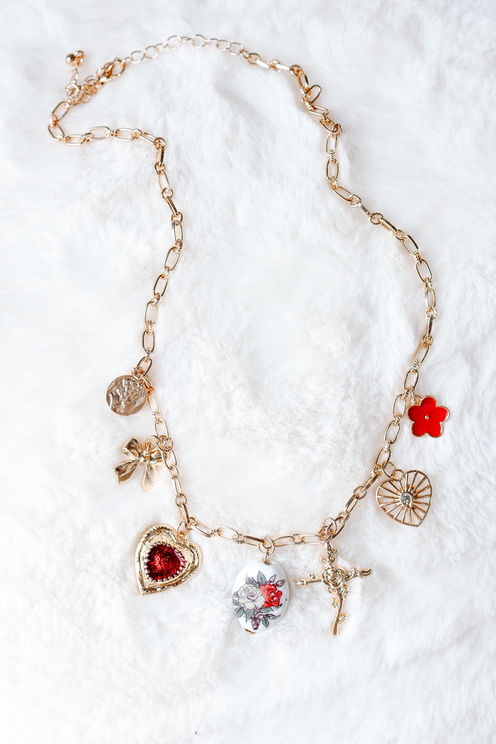 Heart Porcelain Flower Bow Cross Charm Necklace