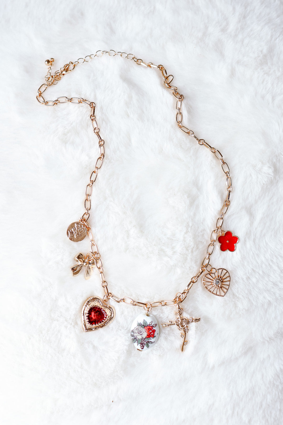 Heart Porcelain Flower Bow Cross Charm Necklace