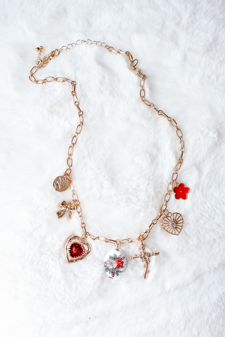 Heart Porcelain Flower Bow Cross Charm Necklace