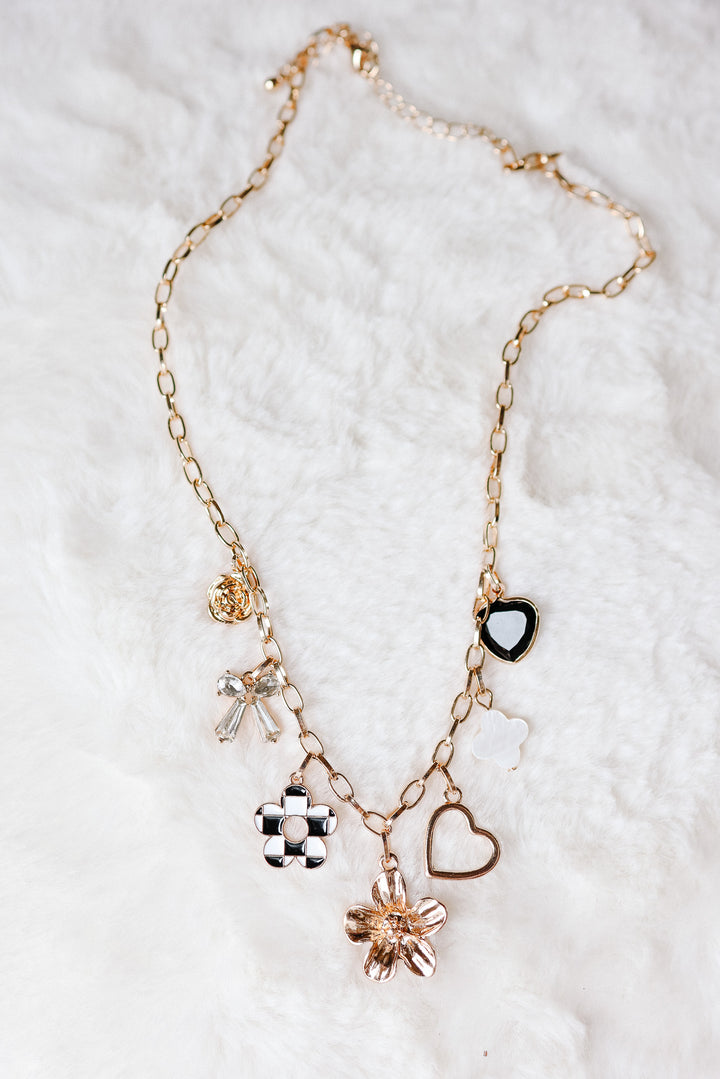 Bow Checker Heart Rhinestone Charm Necklace