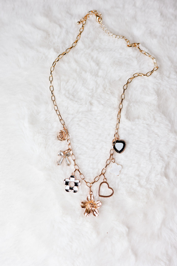 Bow Checker Heart Rhinestone Charm Necklace