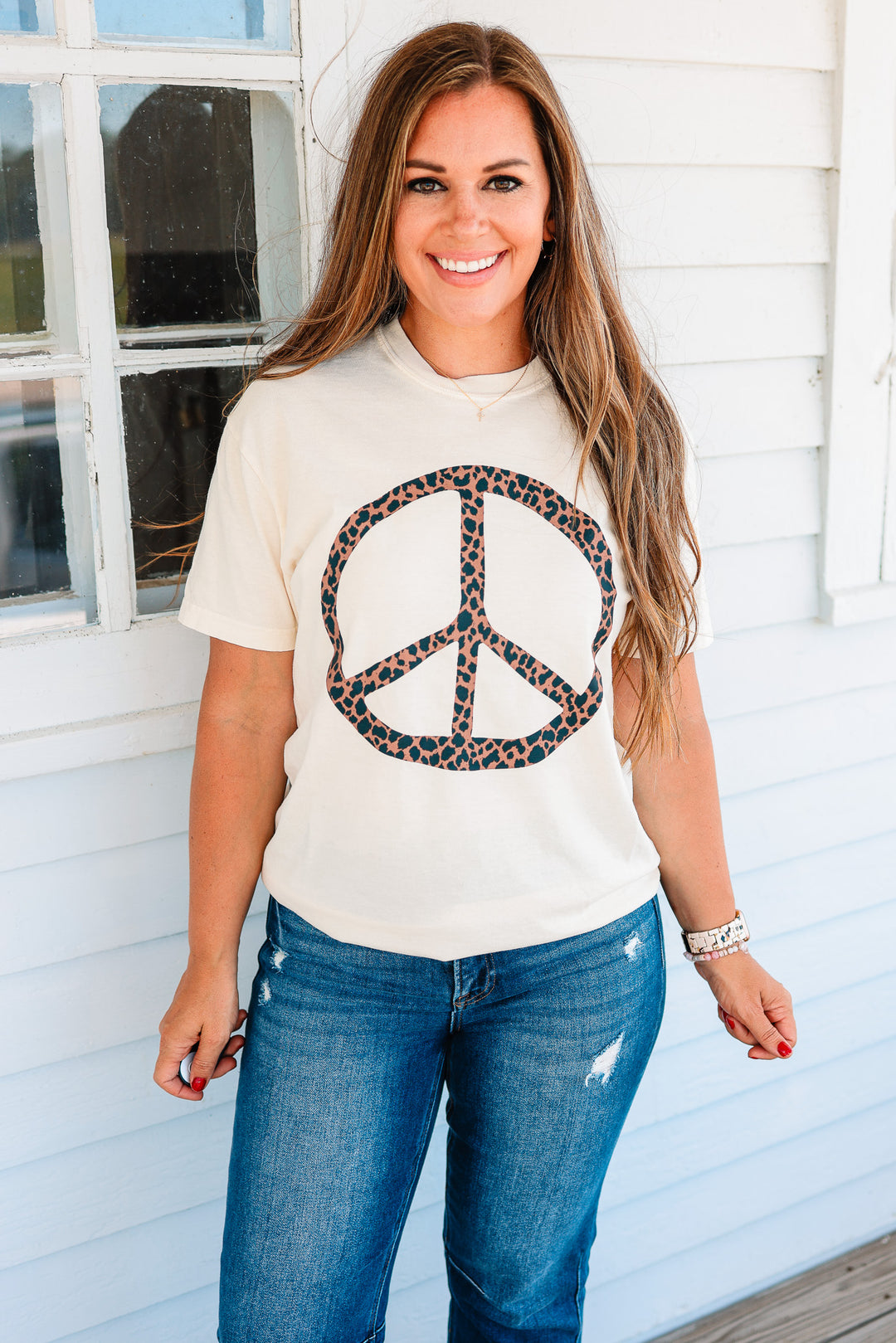 Leopard Peace Sign Graphic Tee - Ivory