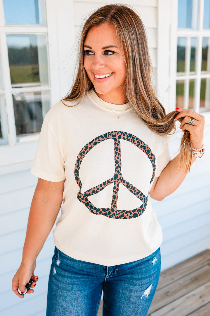 Leopard Peace Sign Graphic Tee - Ivory