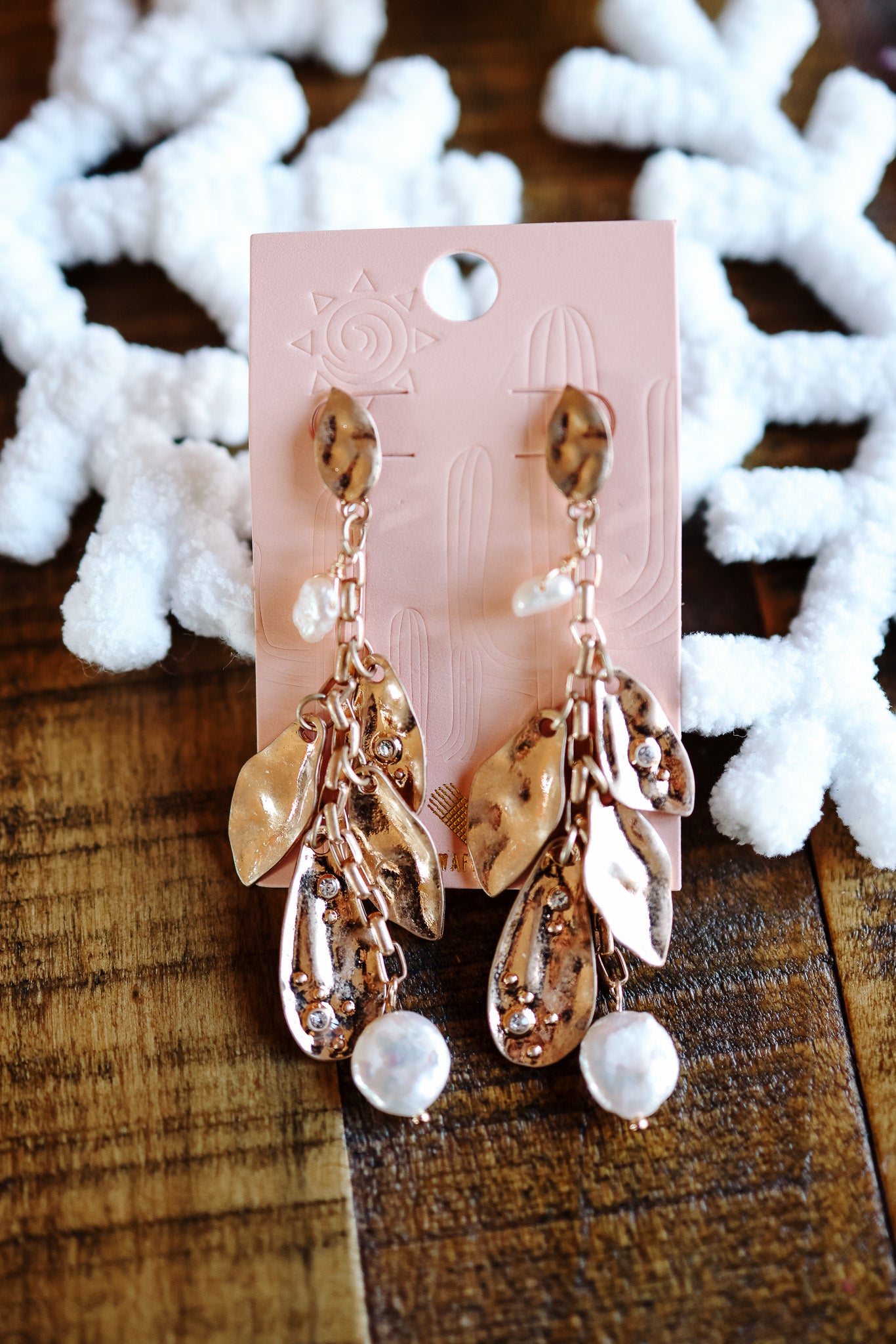 Pearl Leaf Drop Gold Earrings