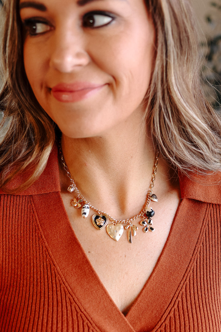 Heart Bow Pearl Flower Charm Necklace