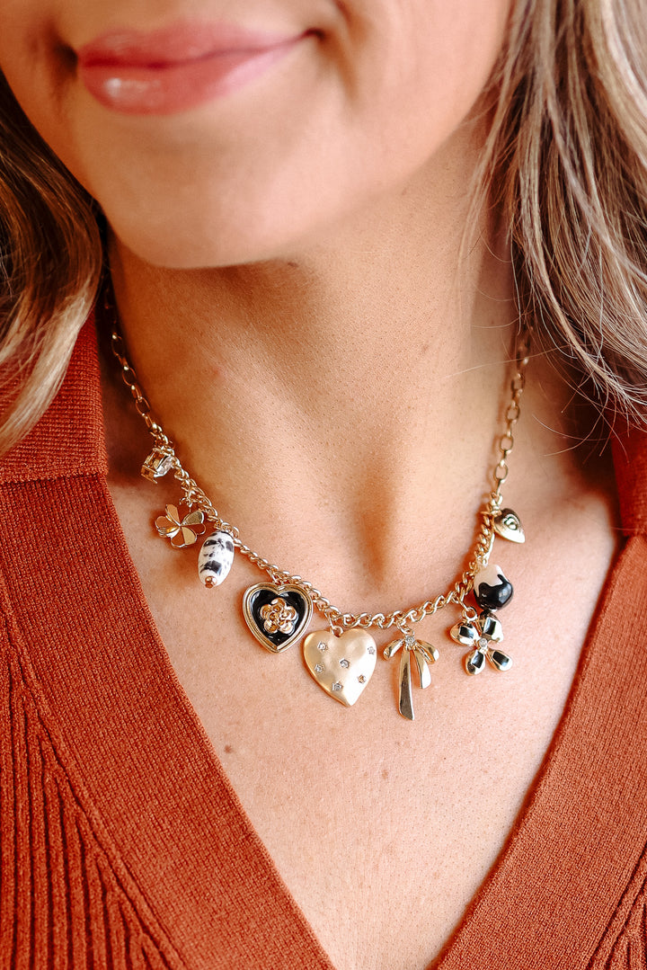 Heart Bow Pearl Flower Charm Necklace