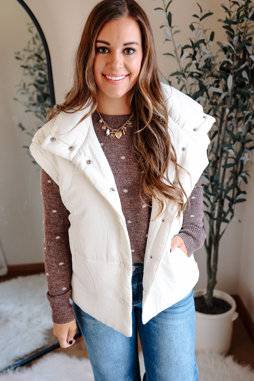 Sammi Snap Button Puffer Vest - Cream