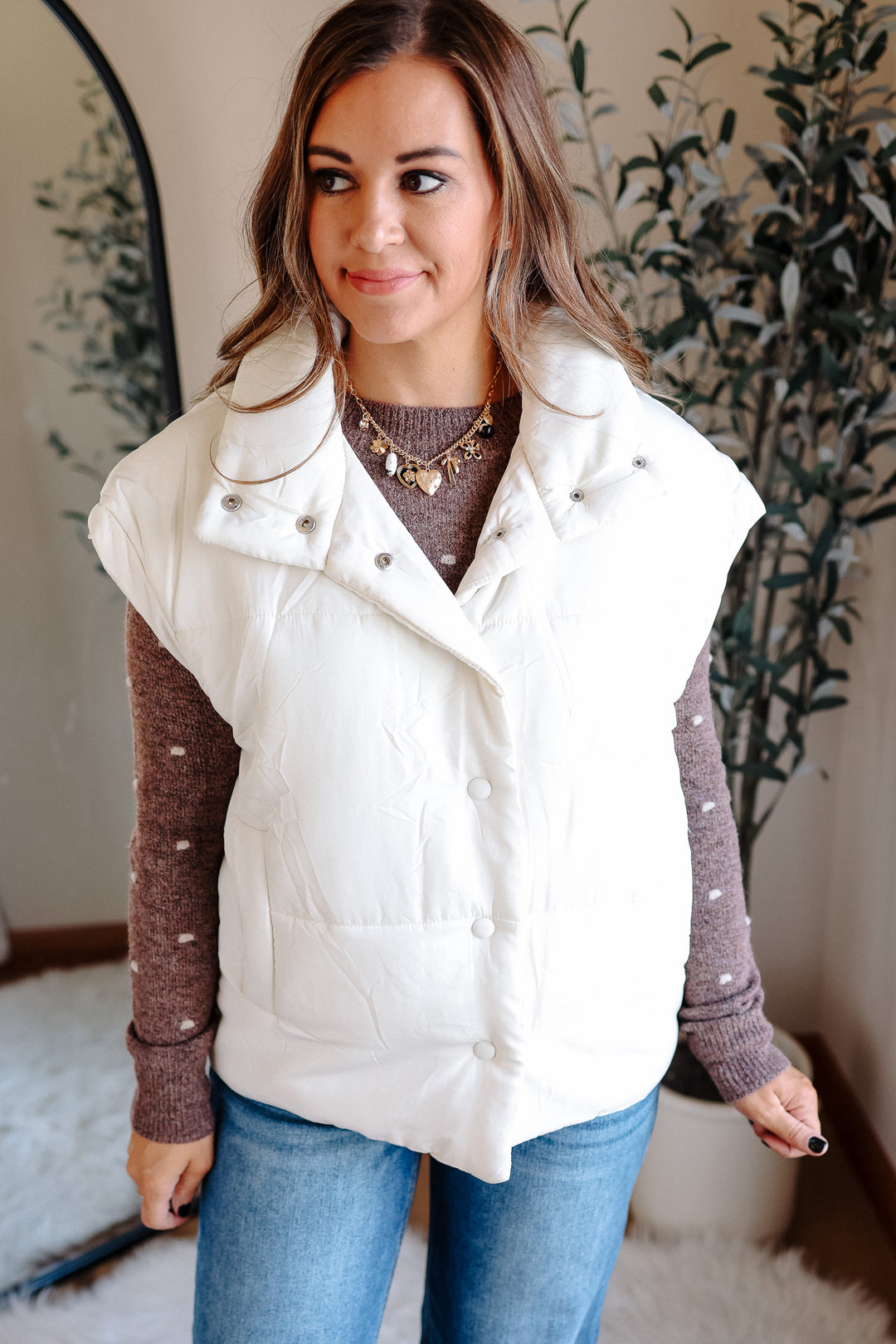 Sammi Snap Button Puffer Vest - Cream