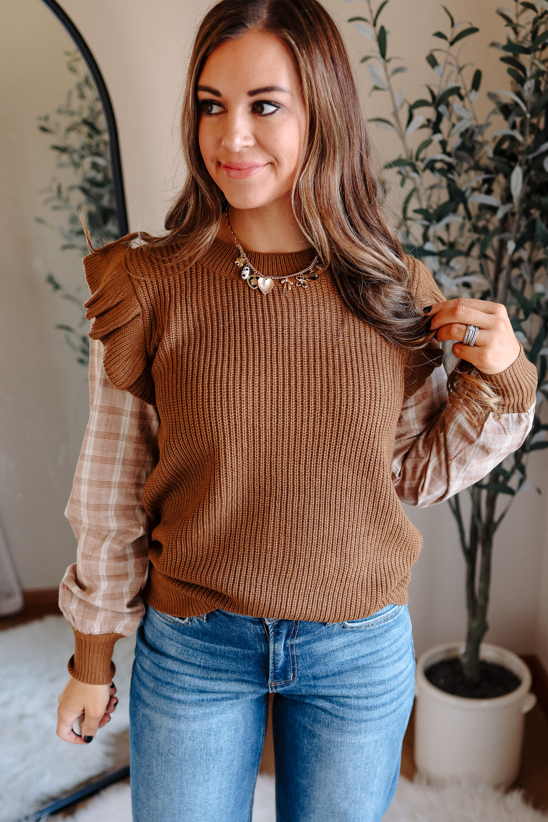 Kaylee Plaid Sleeve Sweater Top