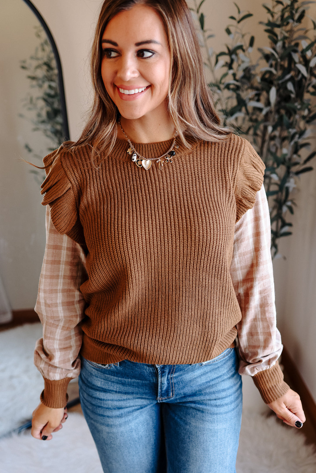 Kaylee Plaid Sleeve Sweater Top