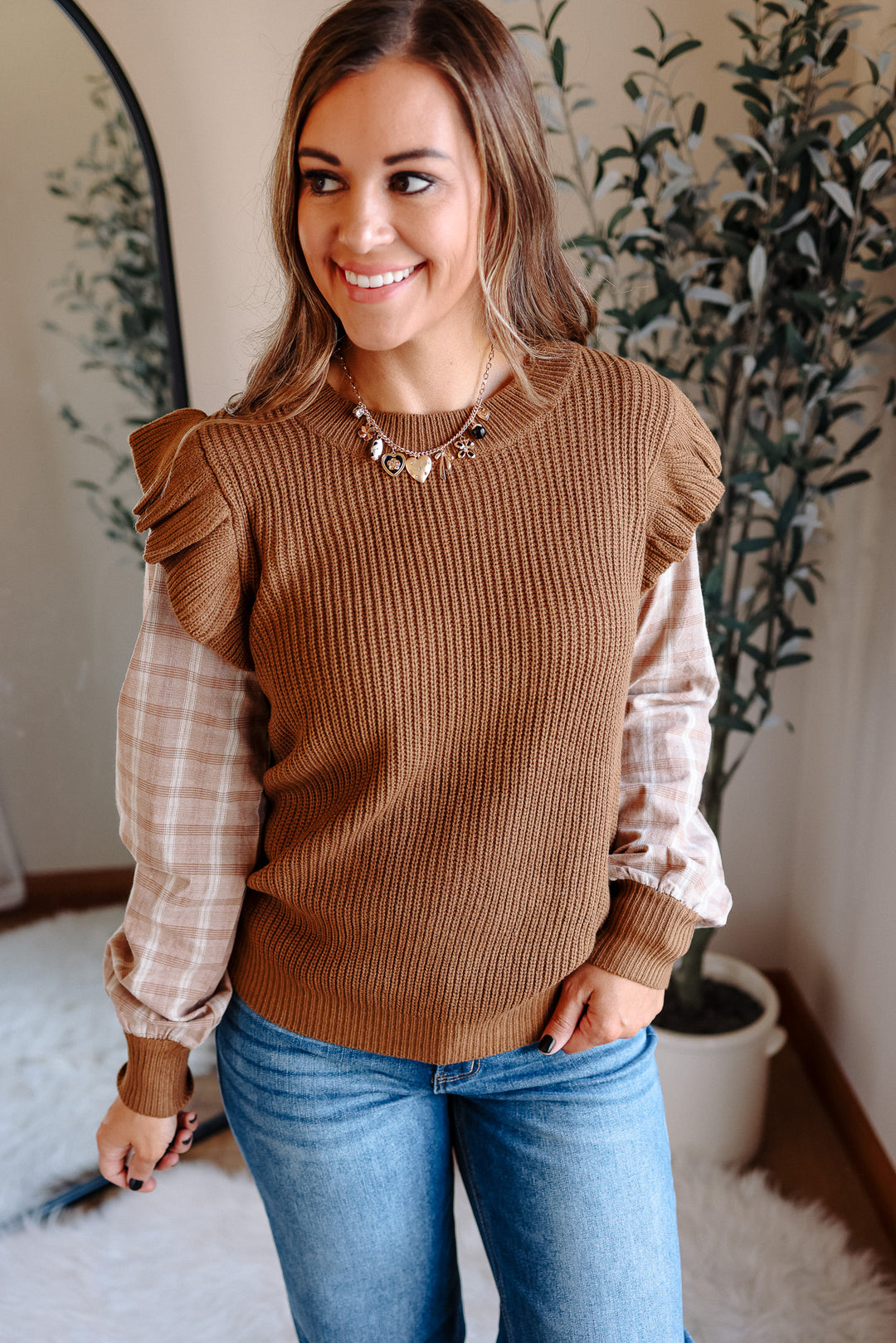 Kaylee Plaid Sleeve Sweater Top