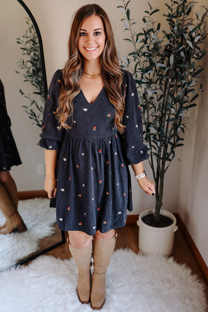 Ivy Embroidered Corduroy Dress - Charcoal