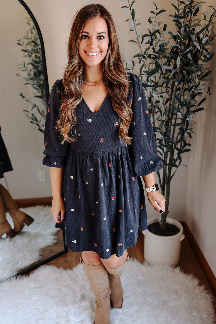 Ivy Embroidered Corduroy Dress - Charcoal