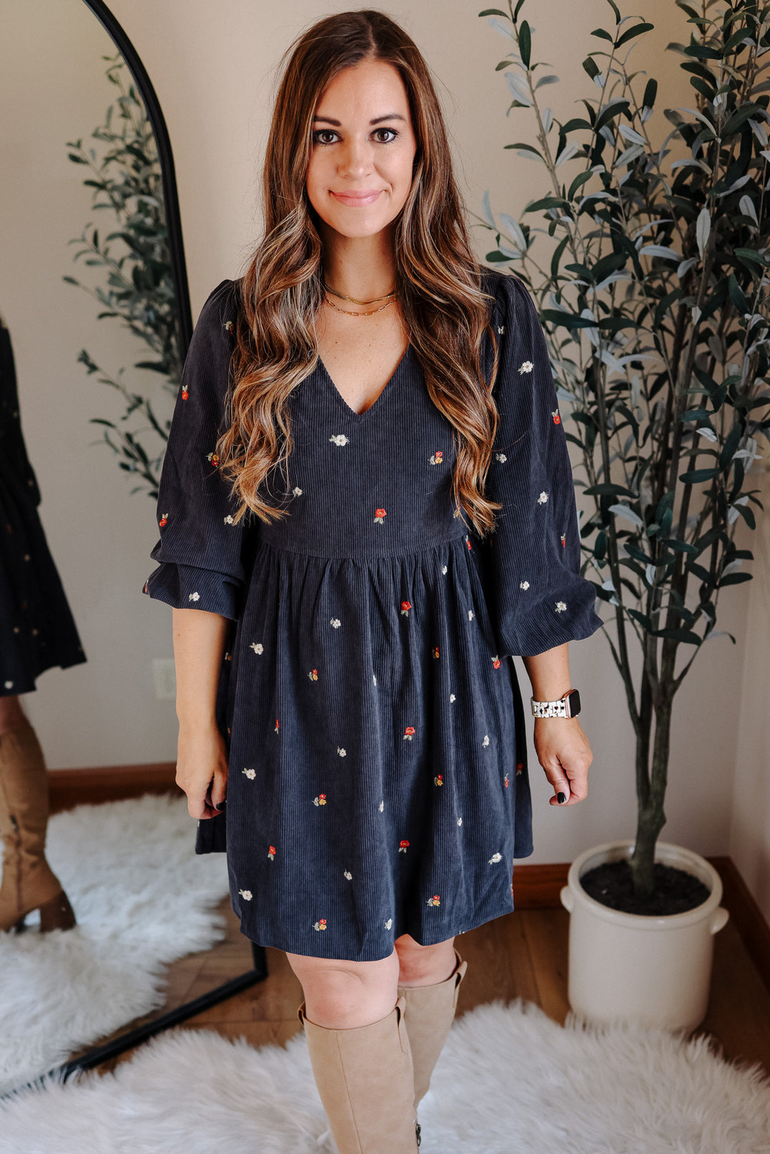 Ivy Embroidered Corduroy Dress - Charcoal