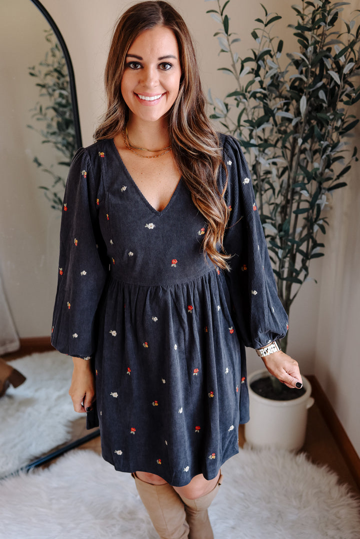 Ivy Embroidered Corduroy Dress - Charcoal