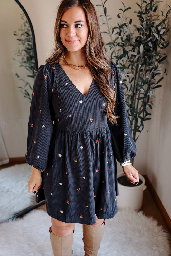 Ivy Embroidered Corduroy Dress - Charcoal