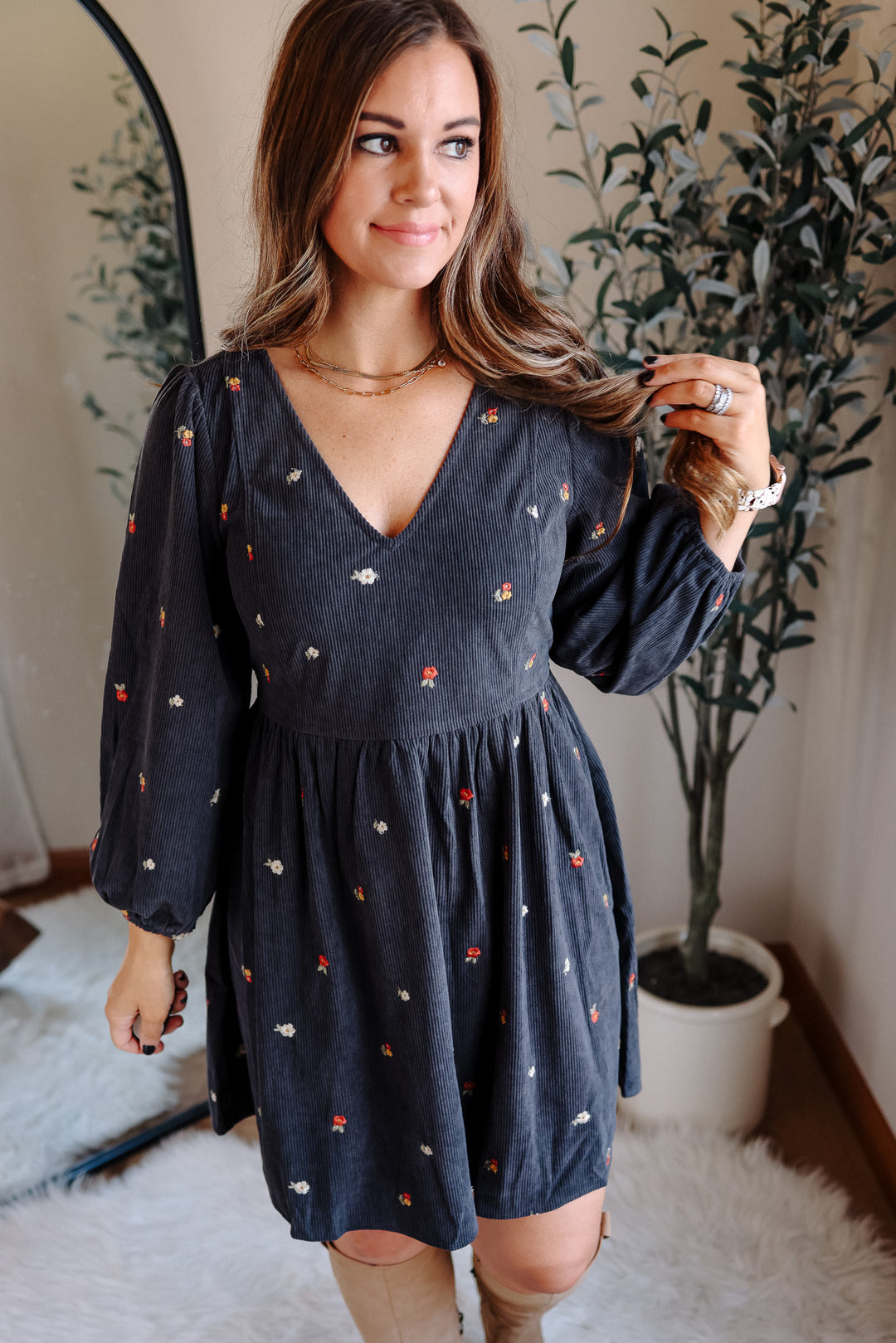 Ivy Embroidered Corduroy Dress - Charcoal