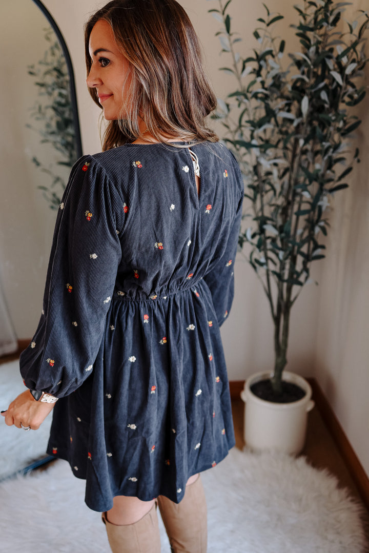 Ivy Embroidered Corduroy Dress - Charcoal