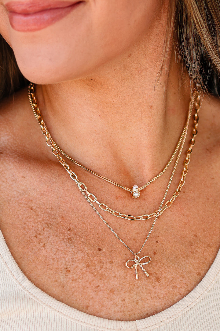 Rory Multi Layer Pearl Bow Charm Necklace