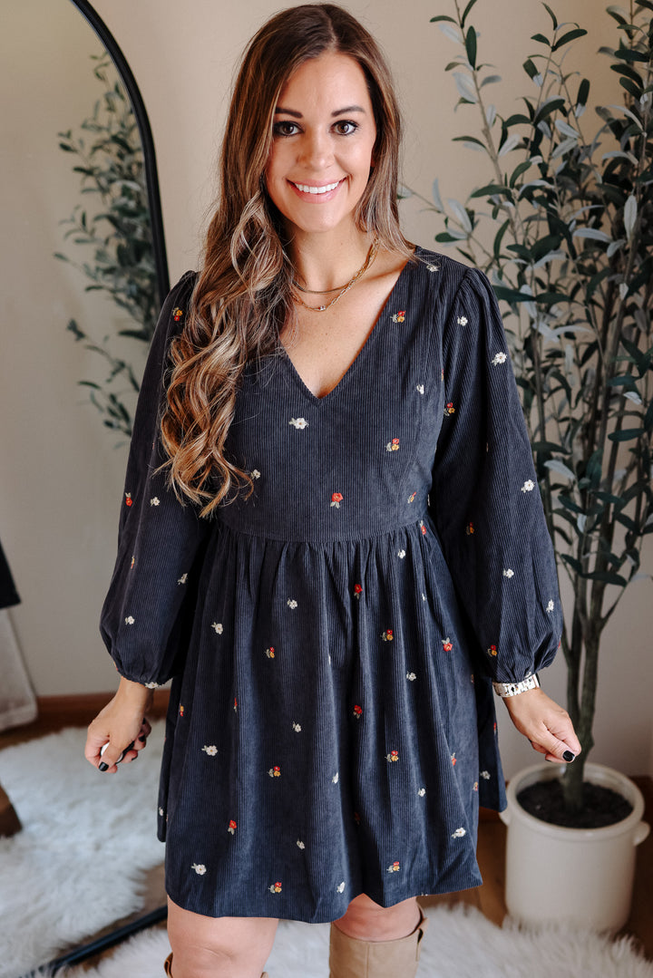 Ivy Embroidered Corduroy Dress - Charcoal