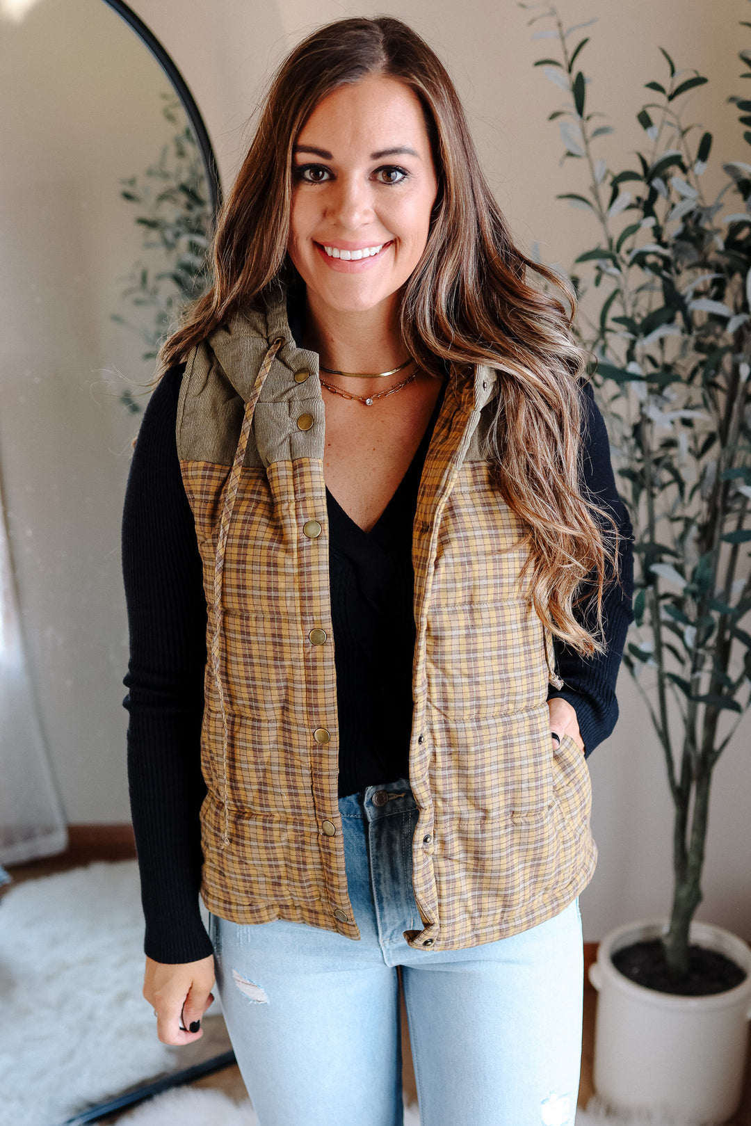 Trisha Corduroy Plaid Vest - Mustard