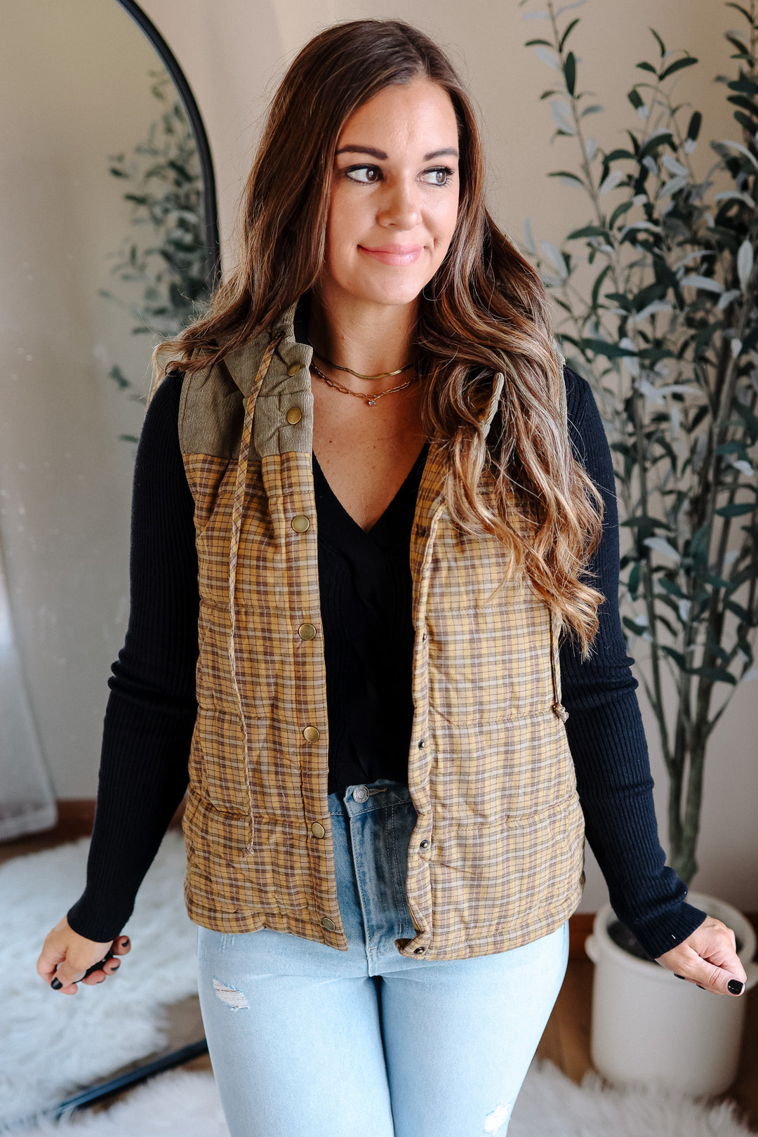 Trisha Corduroy Plaid Vest - Mustard