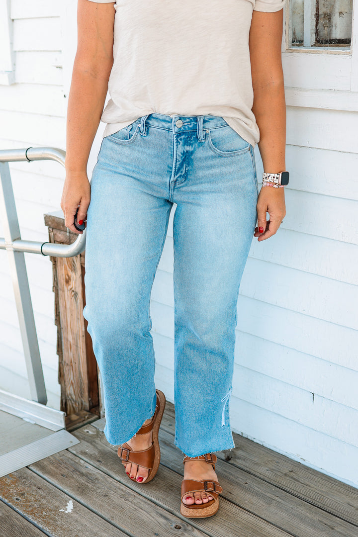 RISEN: Jules Crop Side Slit Ribbon Embroidered Jeans