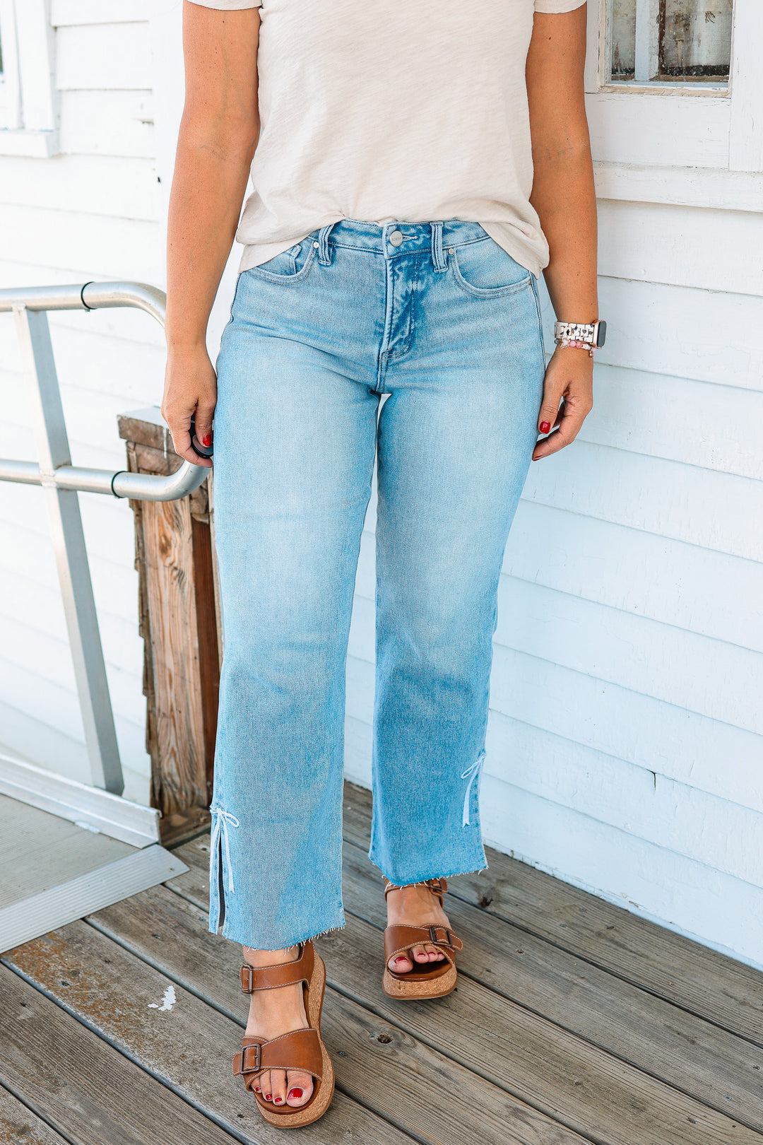 RISEN: Jules Crop Side Slit Ribbon Embroidered Jeans