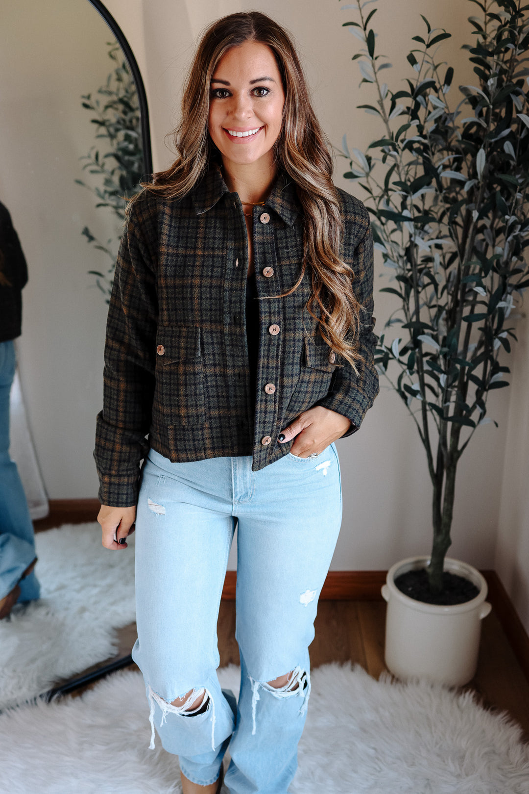 Clare Plaid Crop Jacket - Forest Green