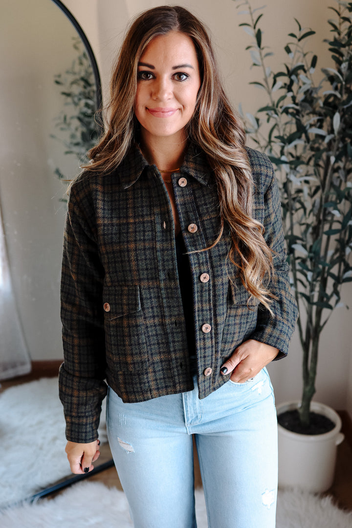 Clare Plaid Crop Jacket - Forest Green