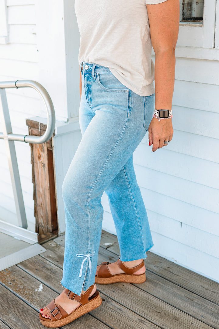 RISEN: Jules Crop Side Slit Ribbon Embroidered Jeans