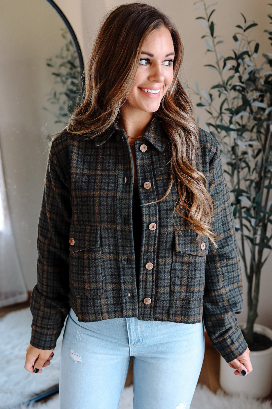 Clare Plaid Crop Jacket - Forest Green