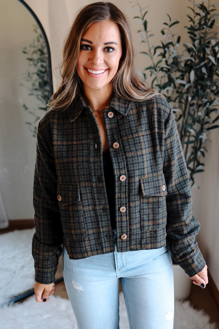 Clare Plaid Crop Jacket - Forest Green