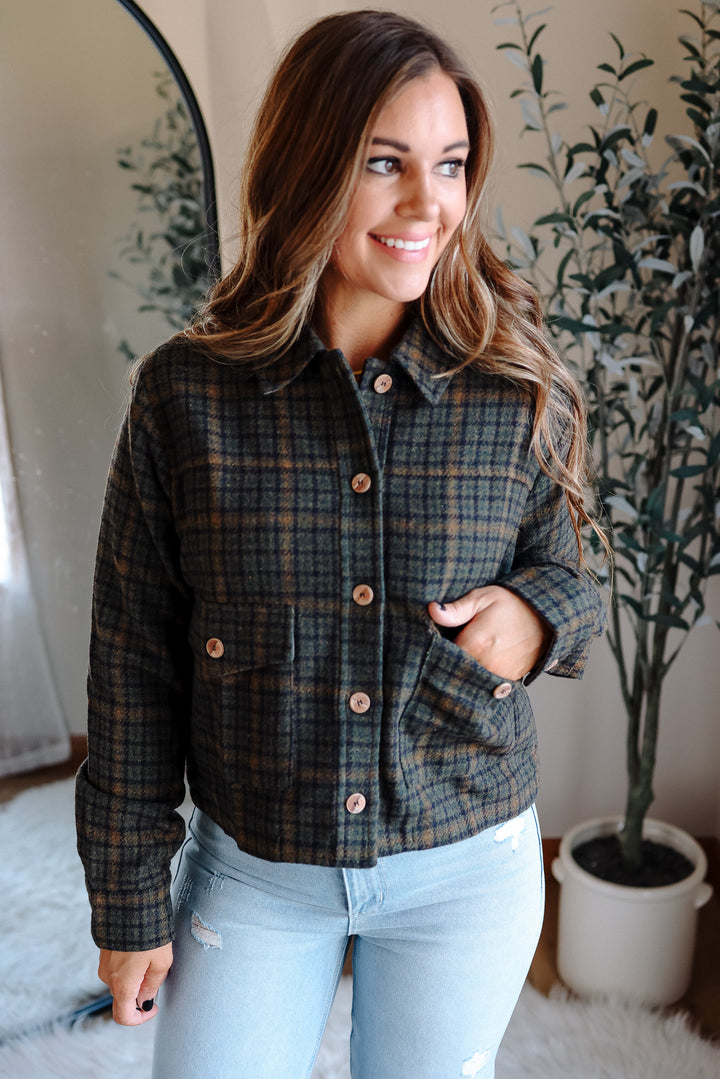 Clare Plaid Crop Jacket - Forest Green