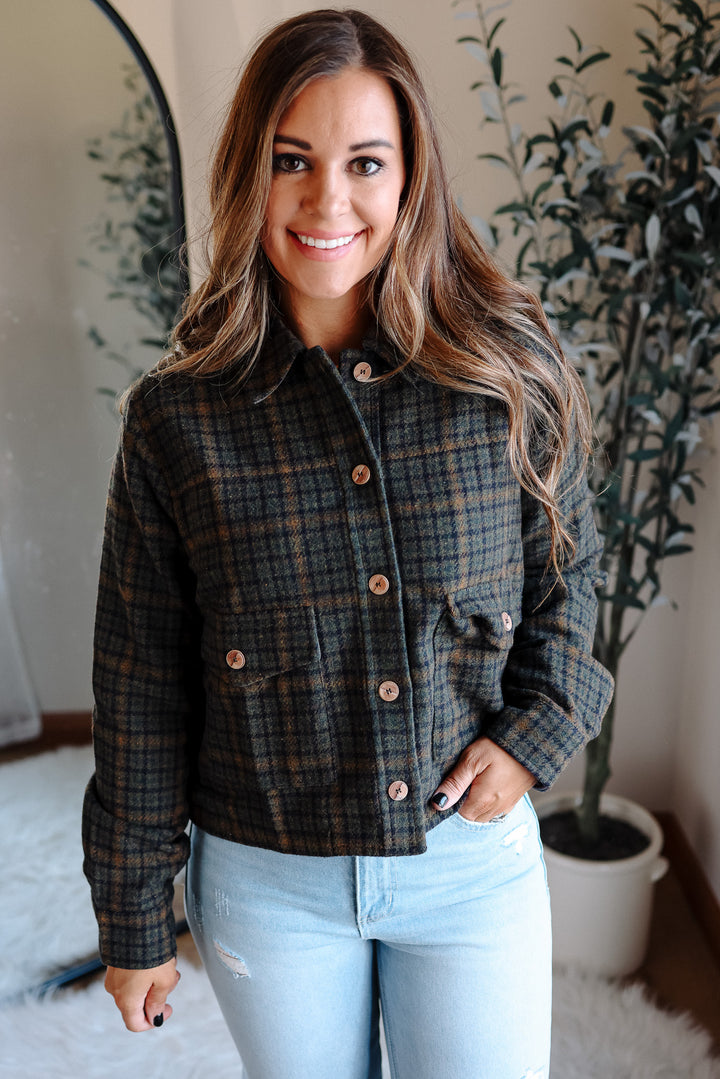 Clare Plaid Crop Jacket - Forest Green